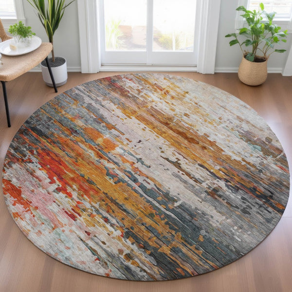 HomeRoots 8' Round Abstract Area Rug in Terra Cotta & Beige – Washable, Durable, Indoor/Outdoor Style! 629817