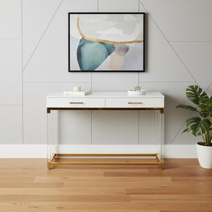 HomeRoots 48" Elegant White and Gold Console Table with Spacious Drawers - Modern Glam Entryway Accent Piece 629821