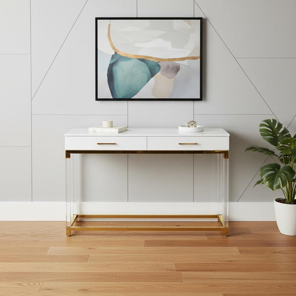 HomeRoots 48" Elegant White and Gold Console Table with Spacious Drawers - Modern Glam Entryway Accent Piece 629821
