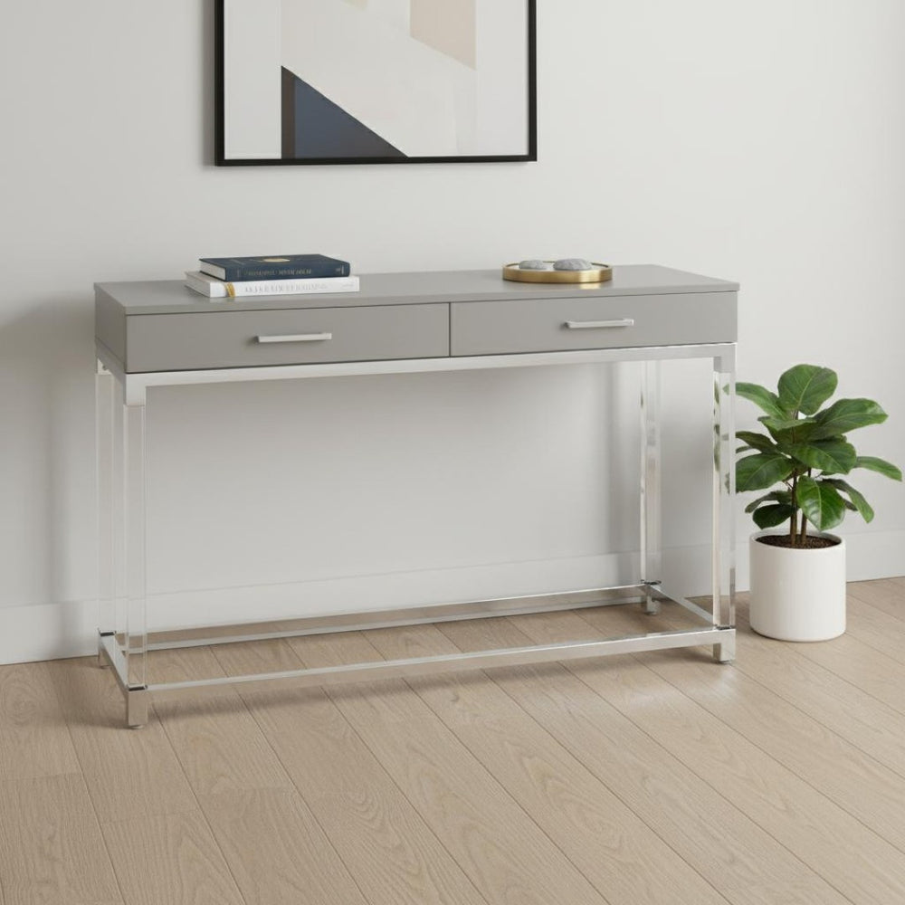 HomeRoots 48" Modern Light Gray Console Table with Silver Stainless Steel Base & 2 Drawers for Stylish Storage 629822