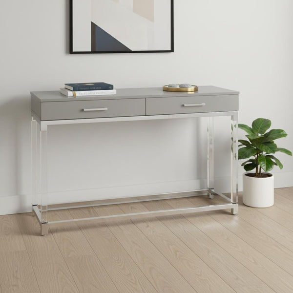 HomeRoots 48" Modern Light Gray Console Table with Silver Stainless Steel Base & 2 Drawers for Stylish Storage 629822