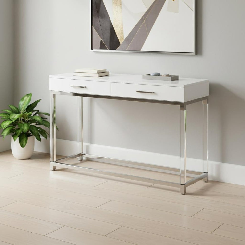 HomeRoots 48" Modern White and Silver Console Table with Two Drawers for Entryway, Living Room, or Office 629824