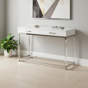 HomeRoots 48" Modern White and Silver Console Table with Two Drawers for Entryway, Living Room, or Office 629824
