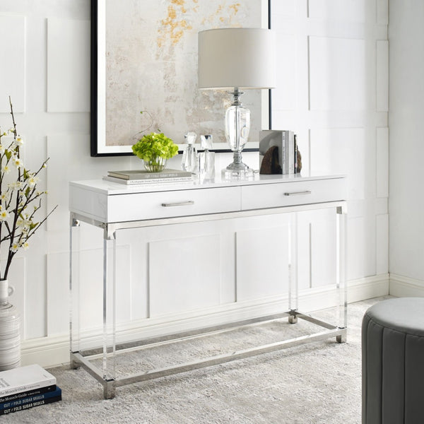 HomeRoots 48" Modern White and Silver Console Table with Two Drawers for Entryway, Living Room, or Office 629824