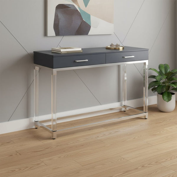 HomeRoots 48" Modern Dark Gray Console Table with Stainless Steel Base & Two Drawers for Versatile Storage 629825