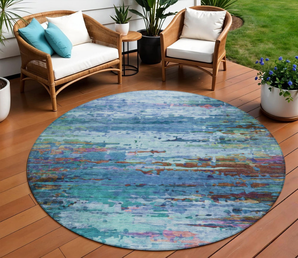 HomeRoots 8' Round Abstract Washable Area Rug in Blue, Brown & Purple – Stylish, Durable & Indoor/Outdoor Use 629831