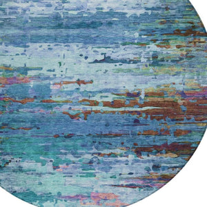 HomeRoots 8' Round Abstract Washable Area Rug in Blue, Brown & Purple – Stylish, Durable & Indoor/Outdoor Use 629831