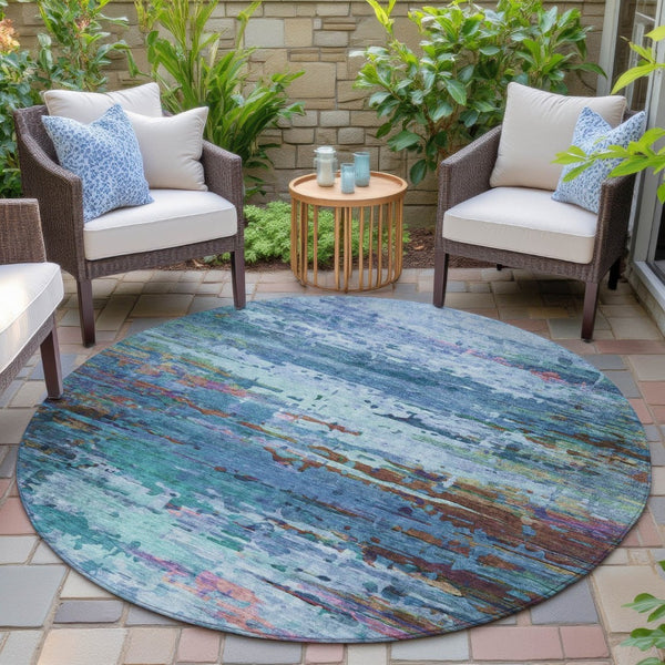 HomeRoots 8' Round Abstract Washable Area Rug in Blue, Brown & Purple – Stylish, Durable & Indoor/Outdoor Use 629831