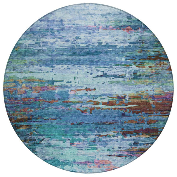 HomeRoots 8' Round Abstract Washable Area Rug in Blue, Brown & Purple – Stylish, Durable & Indoor/Outdoor Use 629831