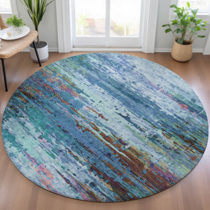 HomeRoots 8' Round Abstract Washable Area Rug in Blue, Brown & Purple – Stylish, Durable & Indoor/Outdoor Use 629831