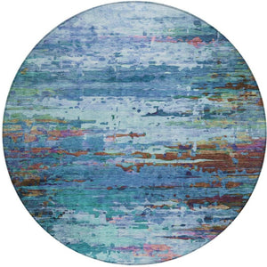 HomeRoots 8' Round Abstract Washable Area Rug in Blue, Brown & Purple – Stylish, Durable & Indoor/Outdoor Use 629831