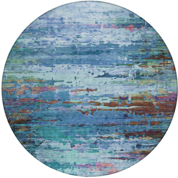 HomeRoots 8' Round Abstract Washable Area Rug in Blue, Brown & Purple – Stylish, Durable & Indoor/Outdoor Use 629831