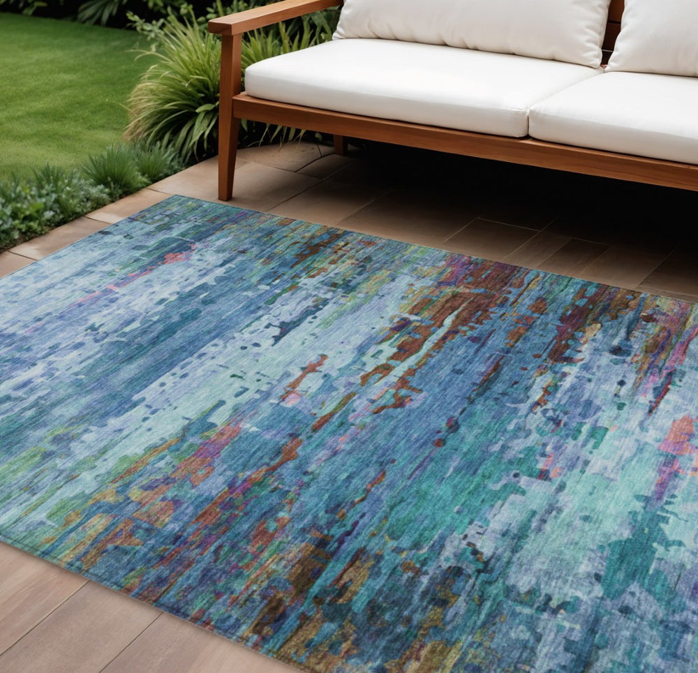 HomeRoots 8' X 10' Washable Abstract Area Rug in Blue, Brown & Purple - Durable, Versatile for Indoor/Outdoor Use 629832