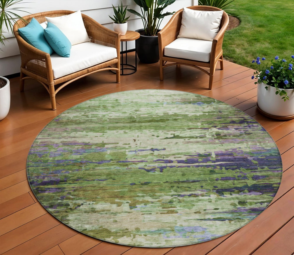 HomeRoots 8' Round Abstract Area Rug in Green, Lavender & Purple - Stylish, Washable for Indoor/Outdoor Use 629837