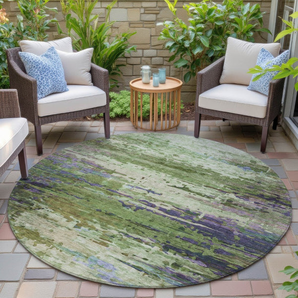 HomeRoots 8' Round Abstract Area Rug in Green, Lavender & Purple - Stylish, Washable for Indoor/Outdoor Use 629837