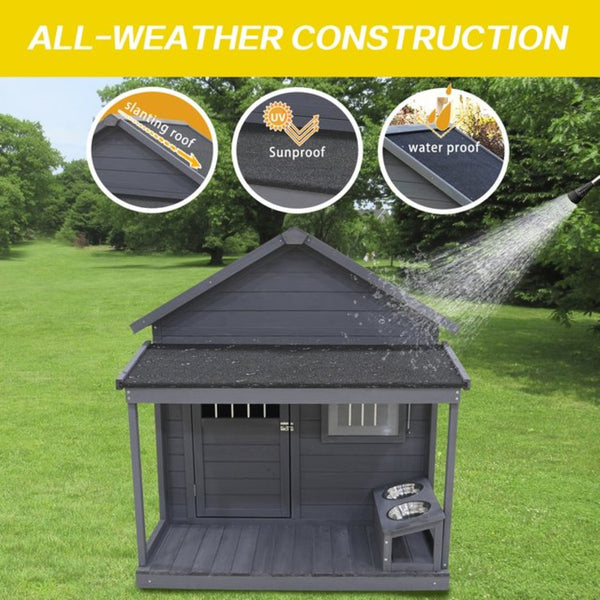 English Elm Large Breed Outdoor Doghouse Solid Fir Wood Covered Porch Weatherproof Asphalt Roof W1431S00004