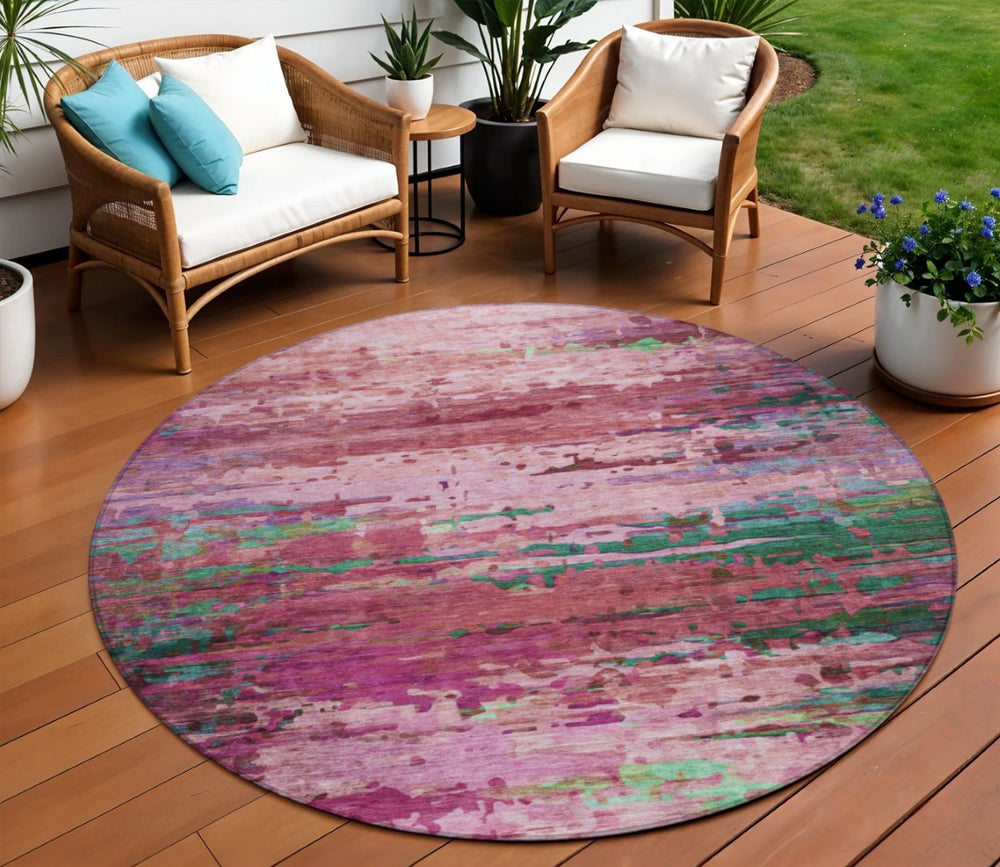 HomeRoots 8' Vibrant Round Abstract Area Rug in Pink, Mauve & Green – Washable, Durable for Indoor & Outdoor Use 629843