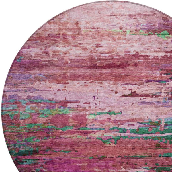 HomeRoots 8' Vibrant Round Abstract Area Rug in Pink, Mauve & Green – Washable, Durable for Indoor & Outdoor Use 629843