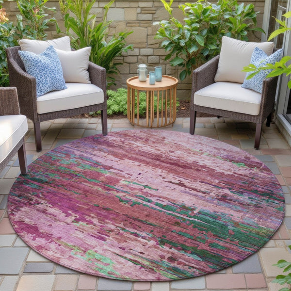 HomeRoots 8' Vibrant Round Abstract Area Rug in Pink, Mauve & Green – Washable, Durable for Indoor & Outdoor Use 629843