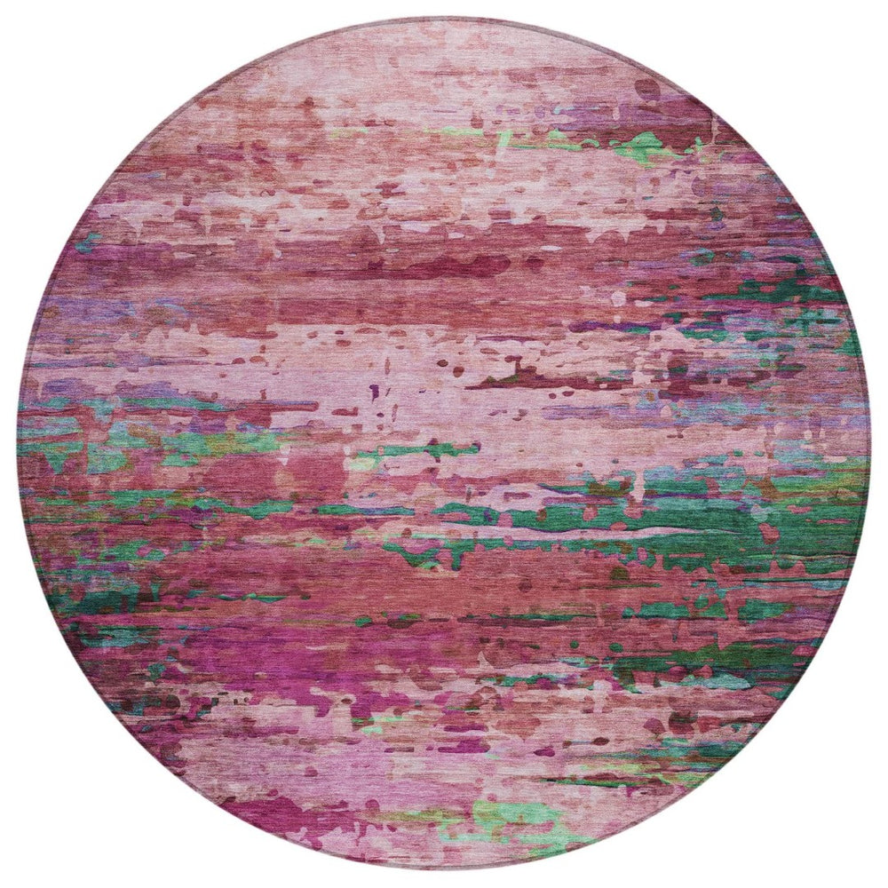 HomeRoots 8' Vibrant Round Abstract Area Rug in Pink, Mauve & Green – Washable, Durable for Indoor & Outdoor Use 629843