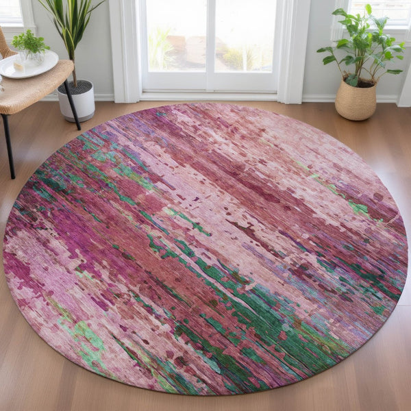 HomeRoots 8' Vibrant Round Abstract Area Rug in Pink, Mauve & Green – Washable, Durable for Indoor & Outdoor Use 629843