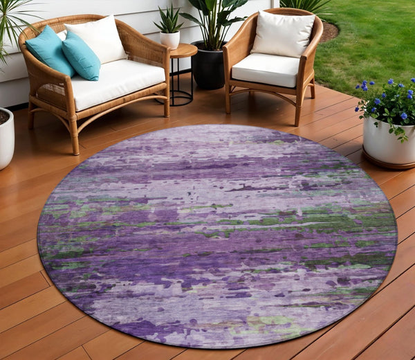 HomeRoots 8' Round Abstract Area Rug in Bold Purple, Green & Charcoal - Washable for Indoor & Outdoor Use 629849