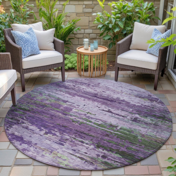HomeRoots 8' Round Abstract Area Rug in Bold Purple, Green & Charcoal - Washable for Indoor & Outdoor Use 629849