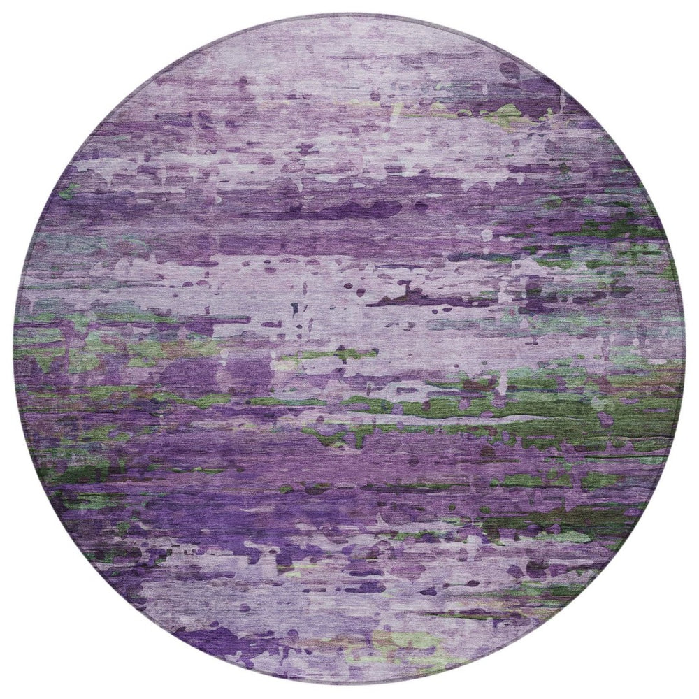 HomeRoots 8' Round Abstract Area Rug in Bold Purple, Green & Charcoal - Washable for Indoor & Outdoor Use 629849