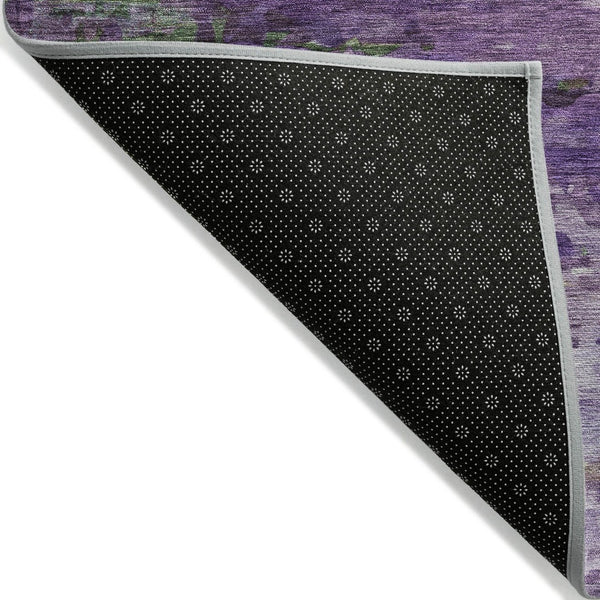 HomeRoots 8' Round Abstract Area Rug in Bold Purple, Green & Charcoal - Washable for Indoor & Outdoor Use 629849