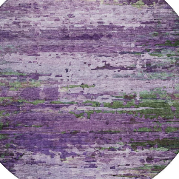 HomeRoots 8' Round Abstract Area Rug in Bold Purple, Green & Charcoal - Washable for Indoor & Outdoor Use 629849