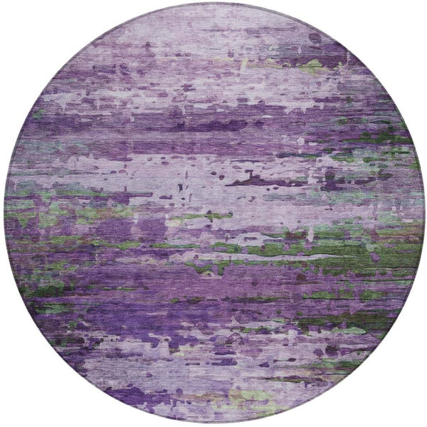 HomeRoots 8' Round Abstract Area Rug in Bold Purple, Green & Charcoal - Washable for Indoor & Outdoor Use 629849