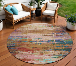HomeRoots 8' Round Abstract Area Rug in Sage, Teal Blue & Blush - Washable, Durable for Indoor/Outdoor Use 629855