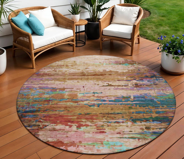 HomeRoots 8' Round Abstract Area Rug in Sage, Teal Blue & Blush - Washable, Durable for Indoor/Outdoor Use 629855