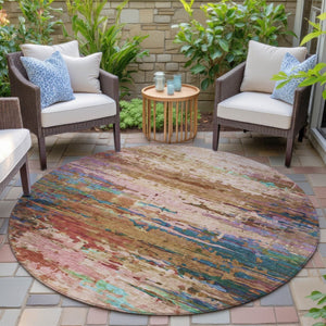 HomeRoots 8' Round Abstract Area Rug in Sage, Teal Blue & Blush - Washable, Durable for Indoor/Outdoor Use 629855