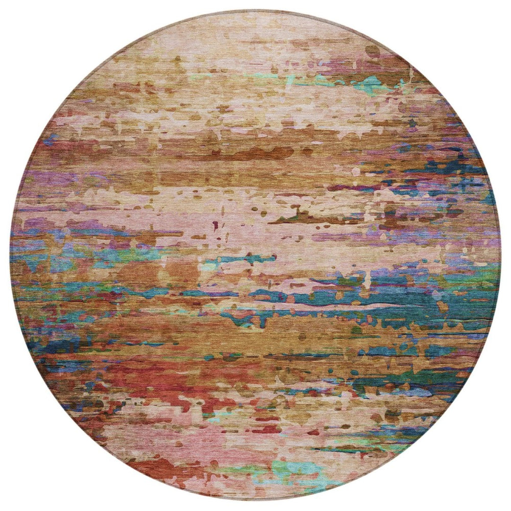 HomeRoots 8' Round Abstract Area Rug in Sage, Teal Blue & Blush - Washable, Durable for Indoor/Outdoor Use 629855