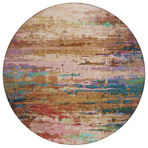 HomeRoots 8' Round Abstract Area Rug in Sage, Teal Blue & Blush - Washable, Durable for Indoor/Outdoor Use 629855