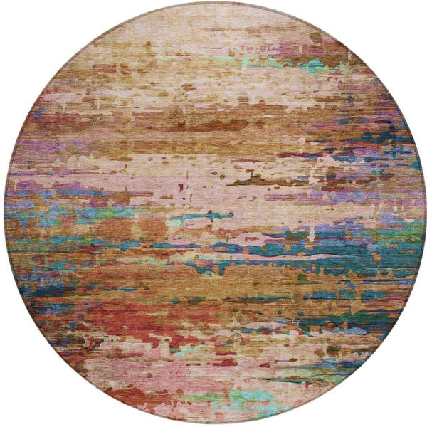 HomeRoots 8' Round Abstract Area Rug in Sage, Teal Blue & Blush - Washable, Durable for Indoor/Outdoor Use 629855