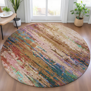 HomeRoots 8' Round Abstract Area Rug in Sage, Teal Blue & Blush - Washable, Durable for Indoor/Outdoor Use 629855