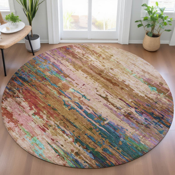 HomeRoots 8' Round Abstract Area Rug in Sage, Teal Blue & Blush - Washable, Durable for Indoor/Outdoor Use 629855
