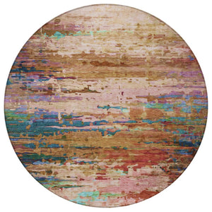 HomeRoots 8' Round Abstract Area Rug in Sage, Teal Blue & Blush - Washable, Durable for Indoor/Outdoor Use 629855