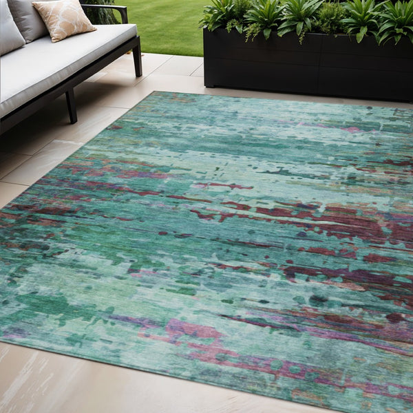 HomeRoots 5' X 8' Abstract Indoor Outdoor Area Rug in Teal, Aqua & Plum - Durable & Washable for Easy Care 629860