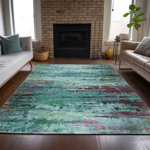 HomeRoots 5' X 8' Abstract Indoor Outdoor Area Rug in Teal, Aqua & Plum - Durable & Washable for Easy Care 629860