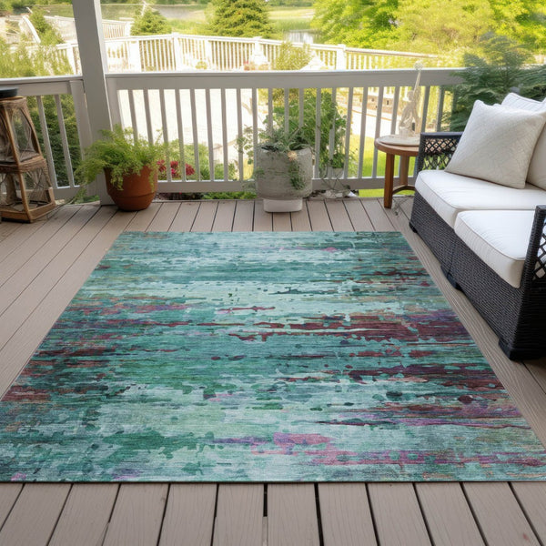 HomeRoots 5' X 8' Abstract Indoor Outdoor Area Rug in Teal, Aqua & Plum - Durable & Washable for Easy Care 629860
