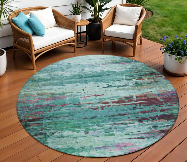 HomeRoots 8' Teal Blue, Pale Aqua & Plum Round Area Rug - Durable, Washable Design for Indoor & Outdoor Use 629861