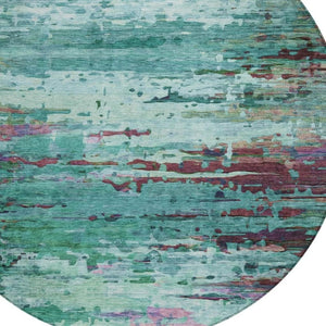 HomeRoots 8' Teal Blue, Pale Aqua & Plum Round Area Rug - Durable, Washable Design for Indoor & Outdoor Use 629861