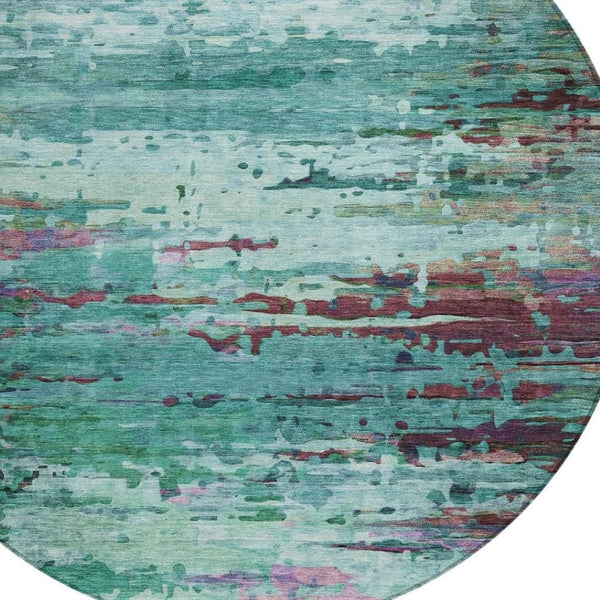 HomeRoots 8' Teal Blue, Pale Aqua & Plum Round Area Rug - Durable, Washable Design for Indoor & Outdoor Use 629861