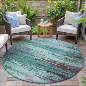 HomeRoots 8' Teal Blue, Pale Aqua & Plum Round Area Rug - Durable, Washable Design for Indoor & Outdoor Use 629861