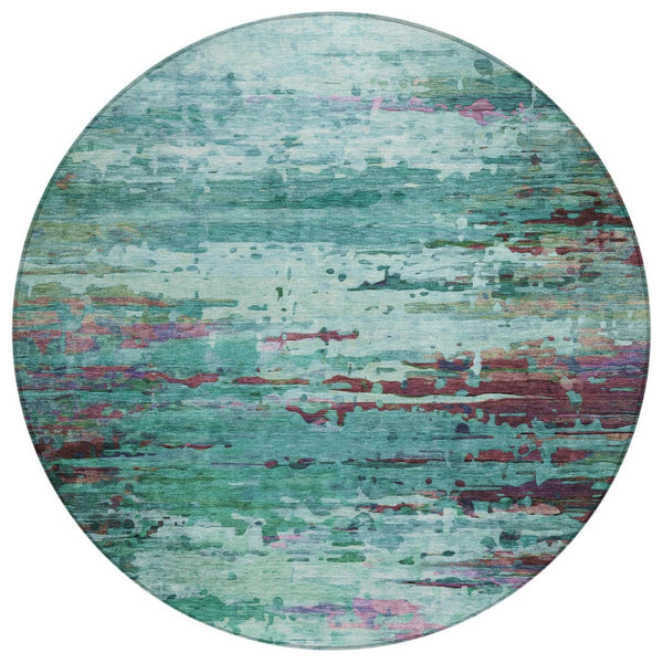 HomeRoots 8' Teal Blue, Pale Aqua & Plum Round Area Rug - Durable, Washable Design for Indoor & Outdoor Use 629861