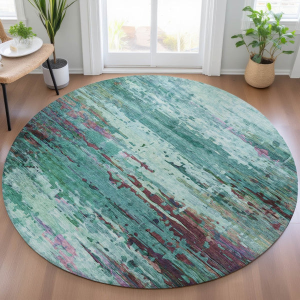 HomeRoots 8' Teal Blue, Pale Aqua & Plum Round Area Rug - Durable, Washable Design for Indoor & Outdoor Use 629861