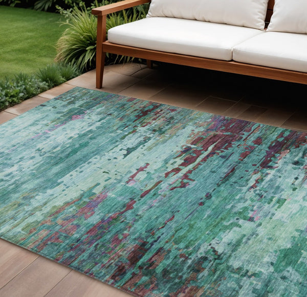 HomeRoots 8' X 10' Modern Abstract Area Rug in Teal, Aqua & Plum - Washable, Durable for Indoor & Outdoor Use 629862